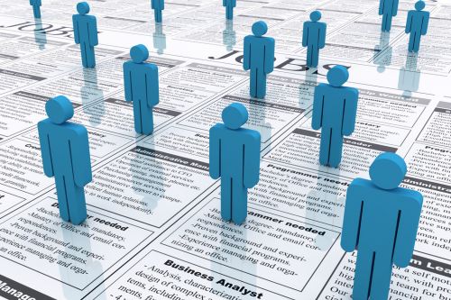 Blue figures on a list of job adverts